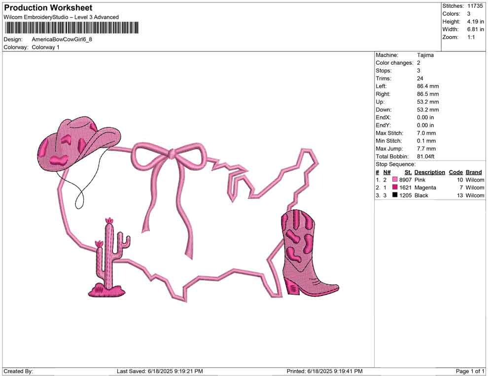 Cowgirl America Embroidery Design: Western USA, Cactus, and Pink Hat (Digital Download)
