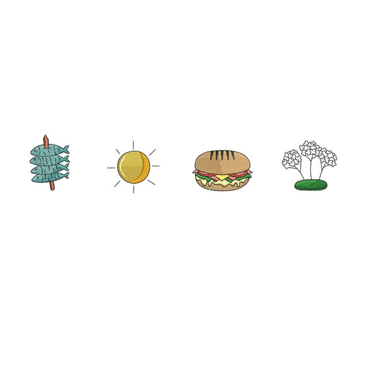 Burger & Fish Summer Icons Embroidery Design: BBQ Picnic Motifs (Digital Download)