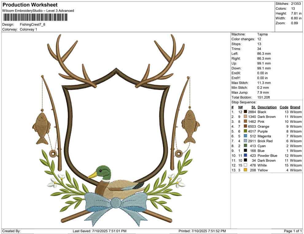 Fishing Crest Embroidery Design: Mallard Duck Machine Embroidery File Hunting Antler Embroidery Crest Frame File (Digital Download)