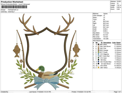 Fishing Crest Embroidery Design: Mallard Duck Machine Embroidery File Hunting Antler Embroidery Crest Frame File (Digital Download)
