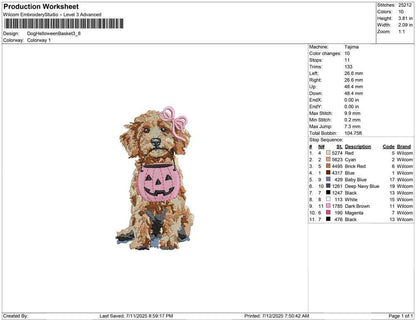 Halloween Puppy Embroidery Design: Pink Pumpkin, Goldendoodle Dog (Digital Download)