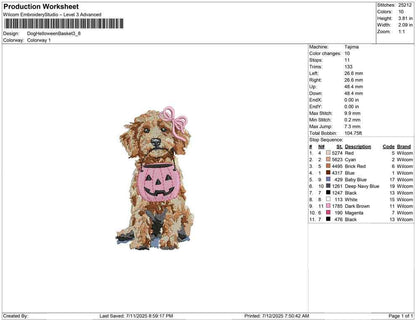 Halloween Puppy Embroidery Design: Pink Pumpkin, Goldendoodle Dog (Digital Download)