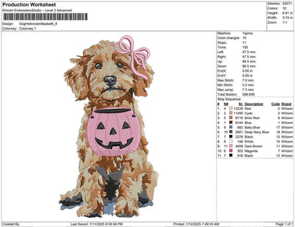 Halloween Puppy Embroidery Design: Pink Pumpkin, Goldendoodle Dog (Digital Download)