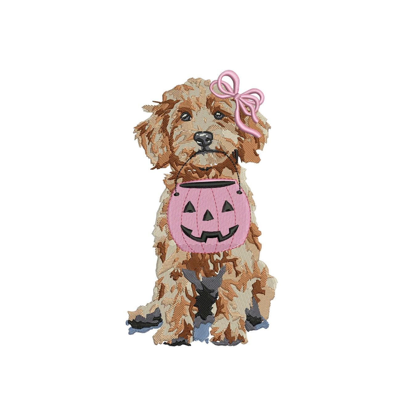 Halloween Puppy Embroidery Design: Pink Pumpkin, Goldendoodle Dog (Digital Download)