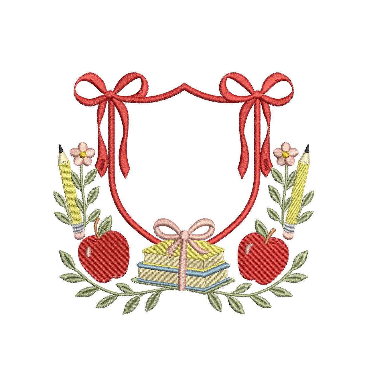 Back To School Crest Embroidery Design Apple Monogram Banner PES Teacher Crest Frame Machine Embroidery File Teacher Crest DST Banner Crest