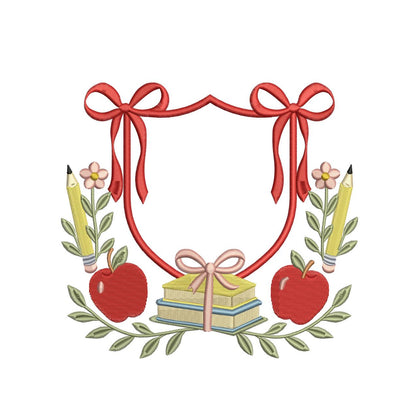 Back To School Crest Embroidery Design Apple Monogram Banner PES Teacher Crest Frame Machine Embroidery File Teacher Crest DST Banner Crest