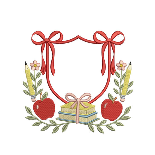 Back To School Crest Embroidery Design Apple Monogram Banner PES Teacher Crest Frame Machine Embroidery File Teacher Crest DST Banner Crest