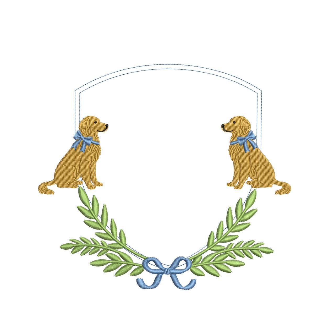 Golden Retriever Laurel Embroidery Design: Dog Banner Embroidery Crest Frame (Digital Download)