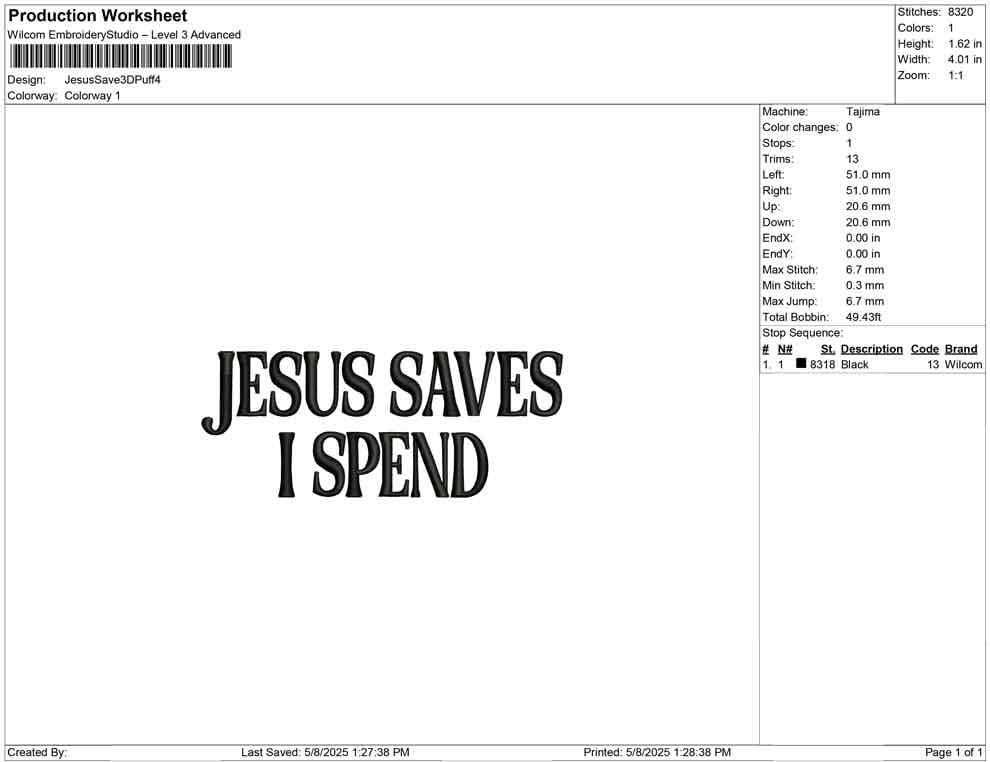 3D Puff Embroidery Design Jesus Saves I Spend: Funny Christian Quote (Digital Download)