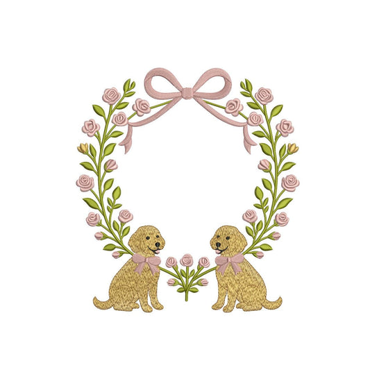 Golden Retriever Puppy Embroidery Design: Floral Wreath Crest (Digital Download)