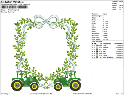 Vintage Tractor Embroidery Design: Laurel Frame Crest (Digital Download)