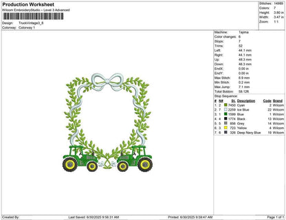 Vintage Tractor Embroidery Design: Laurel Frame Crest (Digital Download)