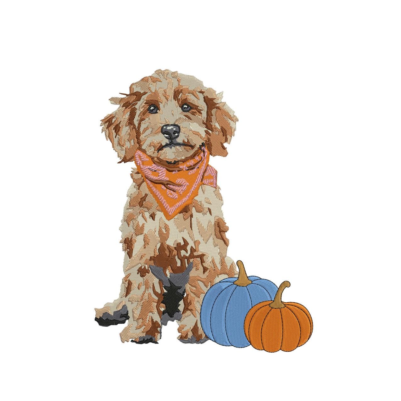 Goldendoodle Embroidery Designs: Goldendoodle Fall Embroidery Machine File Dog with Pumpkins Thanksgiving Embroidery Design Digital Download