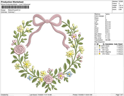 Floral Ribbon Wreath Embroidery Design: Vintage Bow Frame (PES, DST, JEF) Digital Download