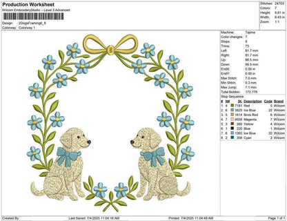 Floral Puppy Wreath Embroidery Design: Blue Flower Frame (Digital Download)