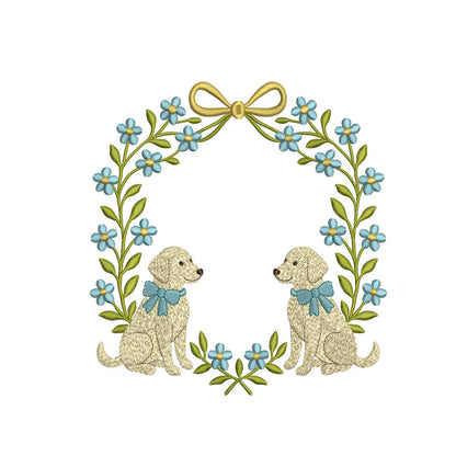 Floral Puppy Wreath Embroidery Design: Blue Flower Frame (Digital Download)