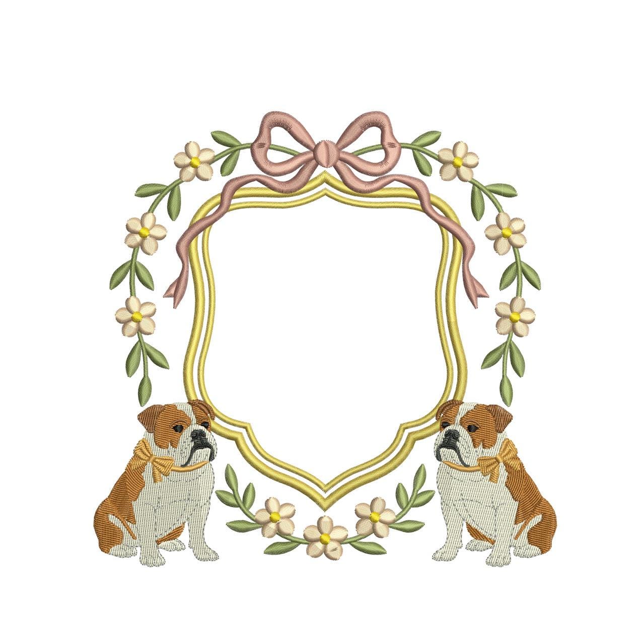 English Bulldog Embroidery File Crest Frame Dog Embroidery File PES Bulldog Machine Embroidery File Gift Dog Mom Banner Crest Frame Design