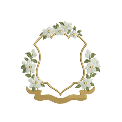 Floral Ribbon Frame Embroidery Design: Crest Monogram (DST, PES, JEF) Digital Download