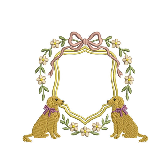 Golden Retriever Crest Embroidery Design: Floral Embroidery Crest Frame File Dog with Bow Machine Embroidery File (Digital Download)