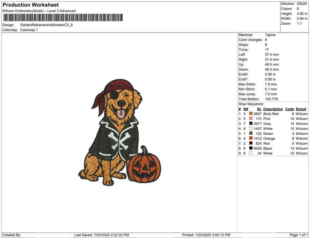 Pirate Golden Retriever Embroidery Design: Halloween Dog Costume (PES, DST, JEF)