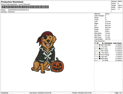 Pirate Golden Retriever Embroidery Design: Halloween Dog Costume (PES, DST, JEF)