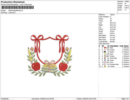 Back to School Embroidery Design: Apple Book Frame (Digital Download, PES DST Files