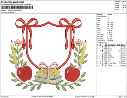 Back to School Embroidery Design: Apple Book Frame (Digital Download, PES DST Files