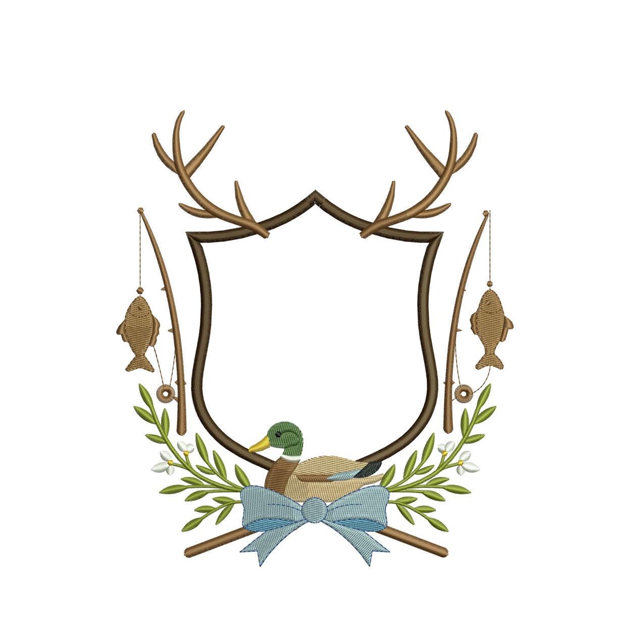 Fishing Crest Embroidery Design: Mallard Duck Machine Embroidery File Hunting Antler Embroidery Crest Frame File (Digital Download)