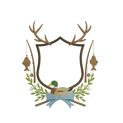 Fishing Crest Embroidery Design: Mallard Duck Machine Embroidery File Hunting Antler Embroidery Crest Frame File (Digital Download)