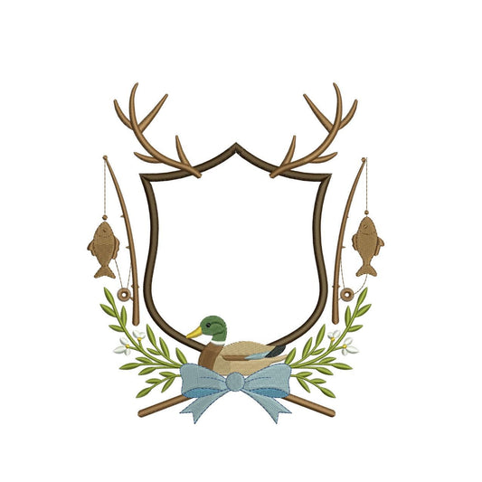 Fishing Crest Embroidery Design: Mallard Duck Machine Embroidery File Hunting Antler Embroidery Crest Frame File (Digital Download)
