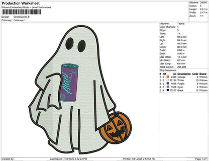 Halloween Ghost Embroidery Design: Energy Drink Ghost Machine Embroidery File (DST, PES, JEF more) (Digital Download)