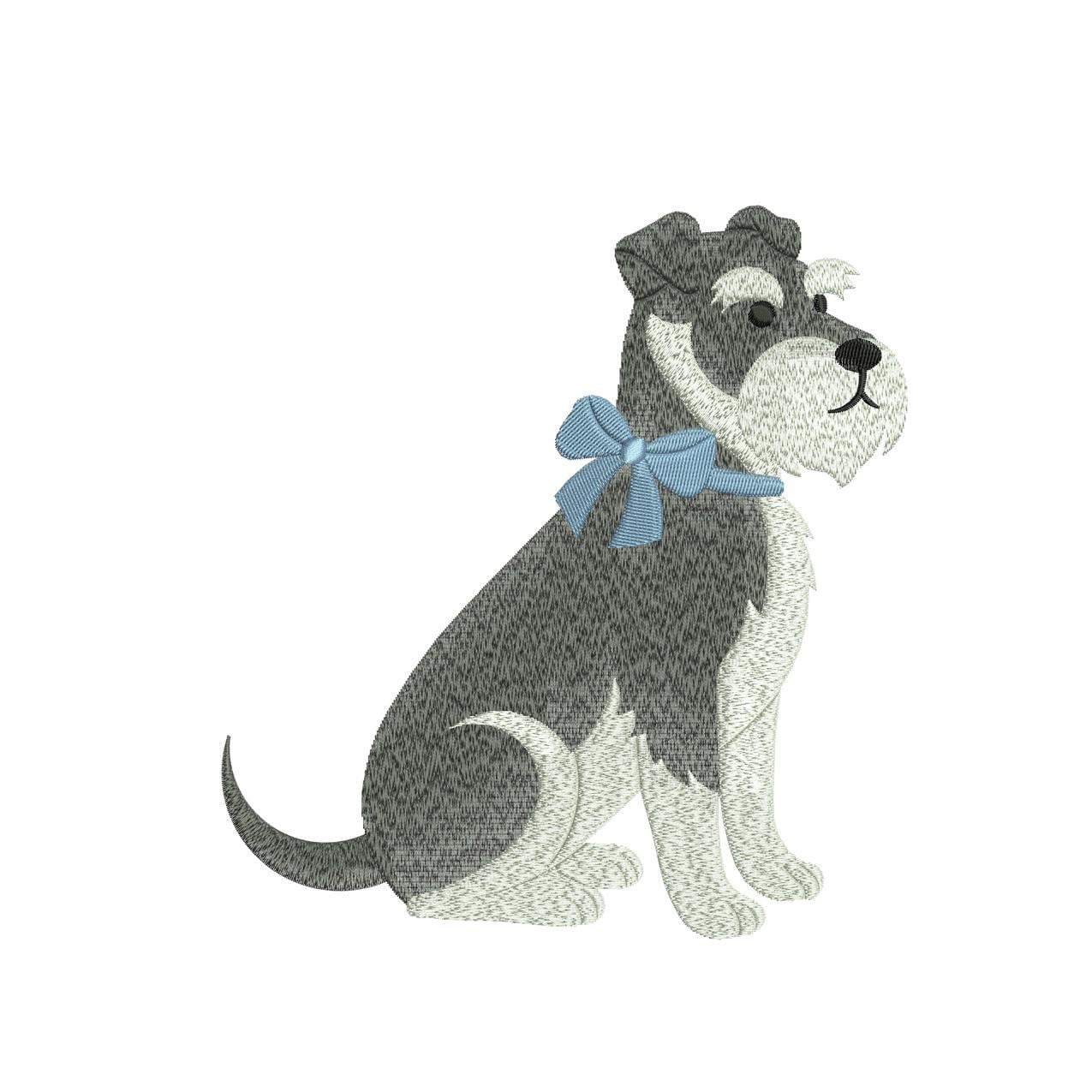 Schnauzer Dog Embroidery Design: Blue Bow Pet Portrait (DST, PES) Digital Download