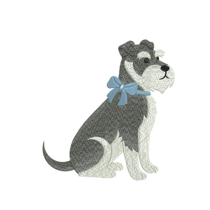 Schnauzer Dog Embroidery Design: Blue Bow Pet Portrait (DST, PES) Digital Download