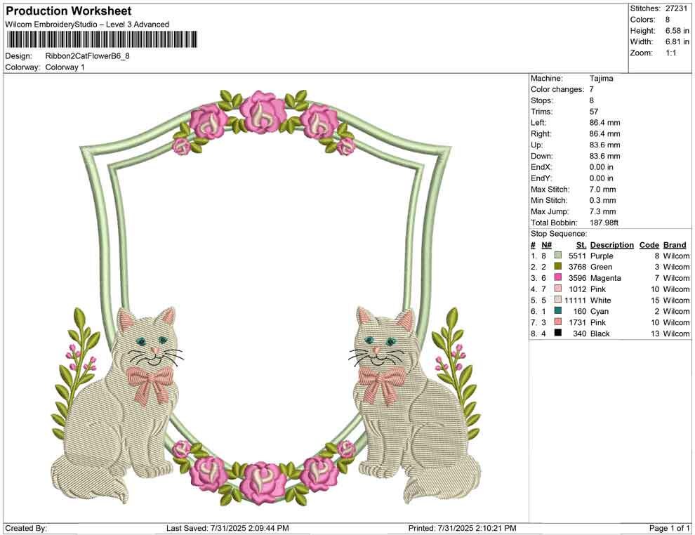 Cat Floral Frame Embroidery Design: Kitten Roses Crest (Digital Download)