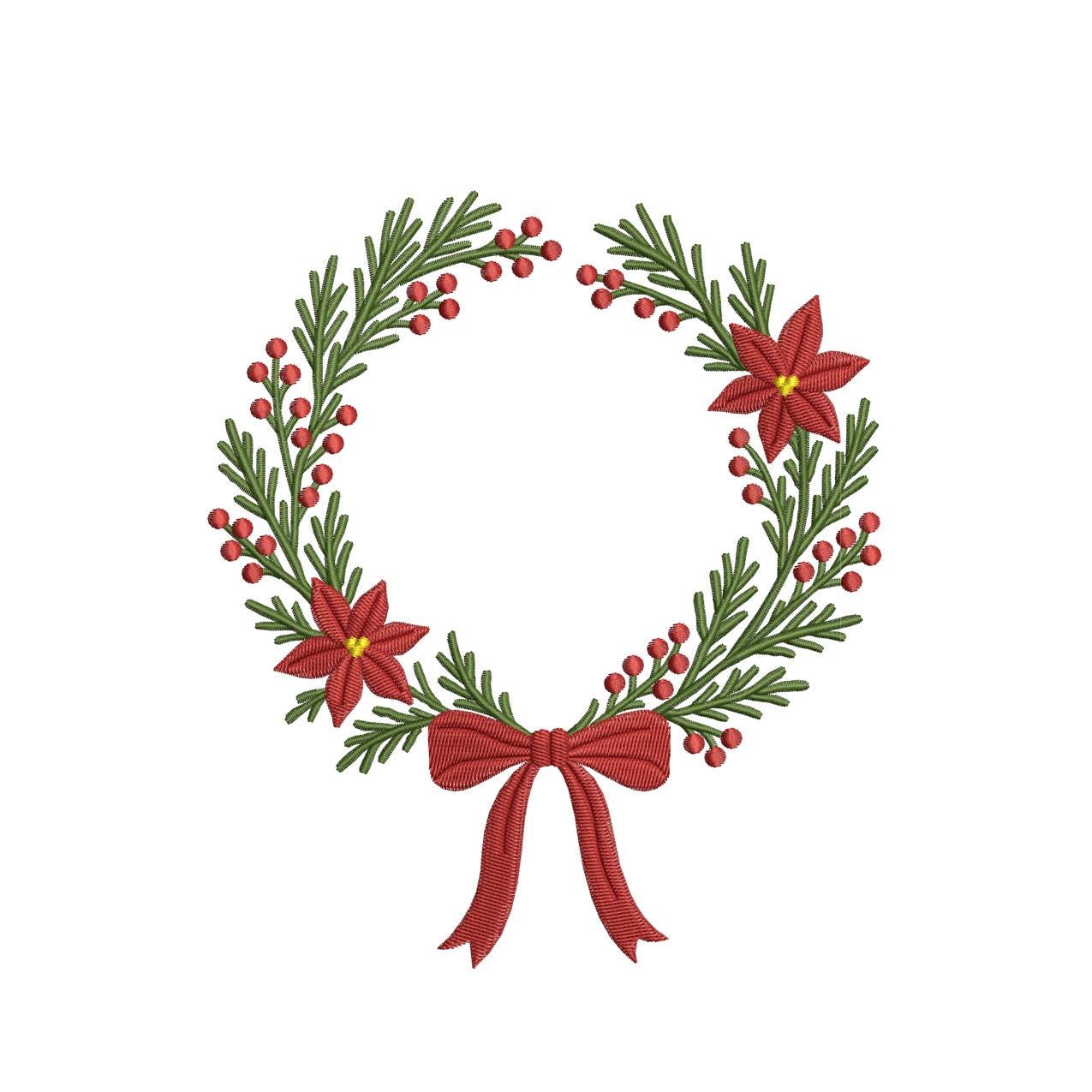 Christmas Wreath Embroidery Design: Ribbon & Poinsettia (Digital Download) (DST PES EXP File and more)
