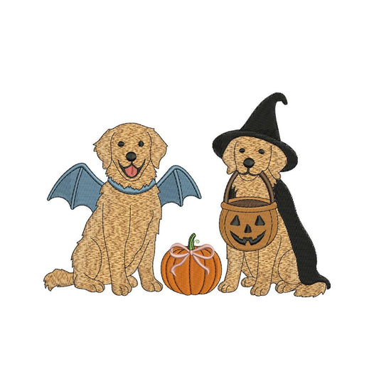Halloween witch dogs embroidery frame with pumpkin buckets, leafy branches and bow