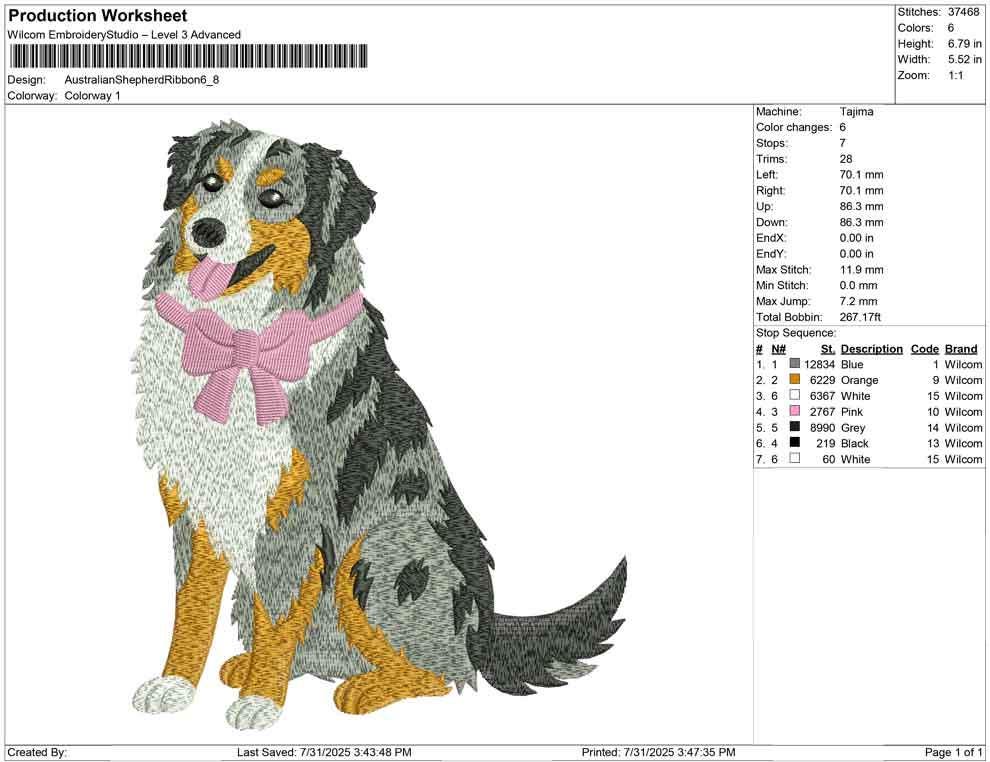 Austrailian Shepherd Embroidery Design Austrailian Shepherd Dog Lover Embroidery File Dog Mom DST Shepherd Dog Bow Embroidery File Puppy PES