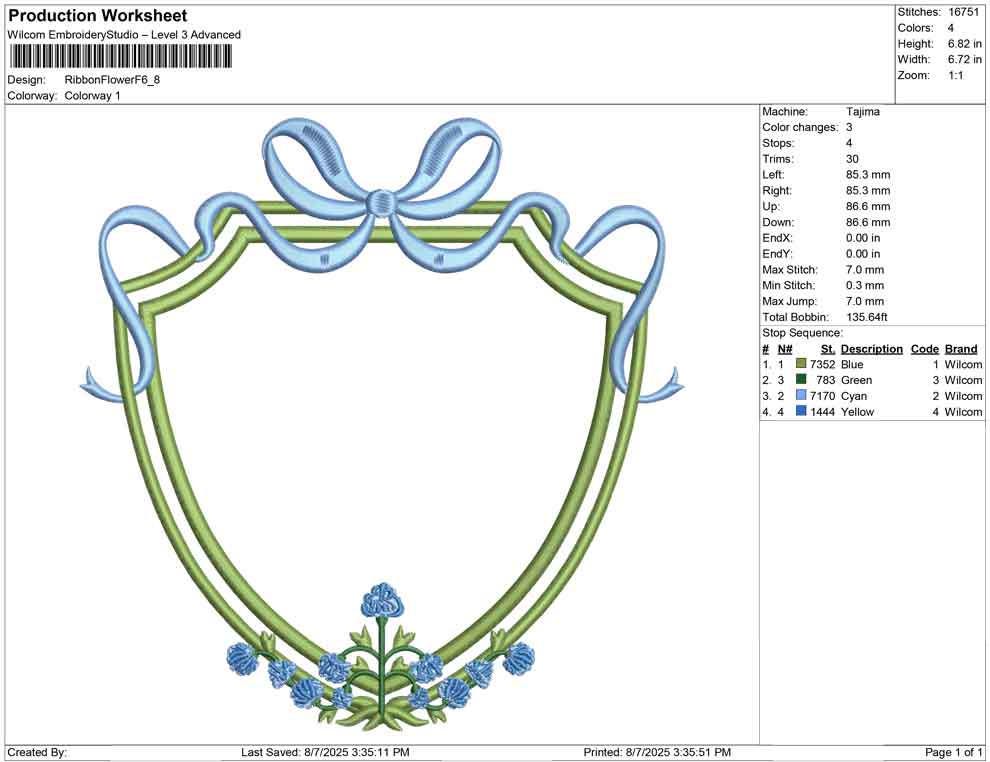 Floral Ribbon Bow Embroidery Crest Design: Floral Crest Frame (Digital Download)