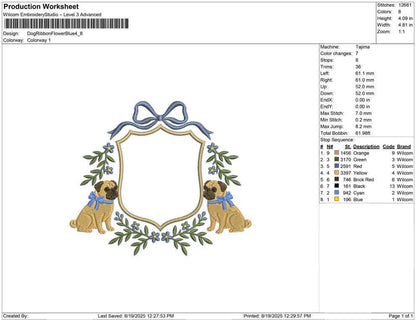 Pug Dog Crest Embroidery Design: Floral Frame (Digital Download)