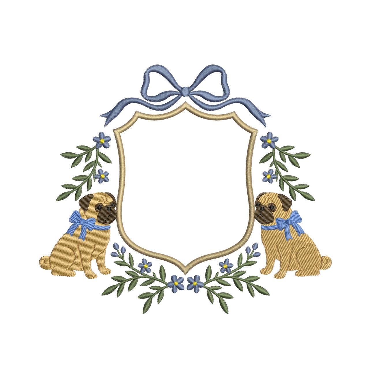 Pug Dog Crest Embroidery Design: Floral Frame (Digital Download)