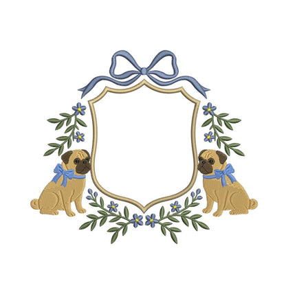 Pug Dog Crest Embroidery Design: Floral Frame (Digital Download)