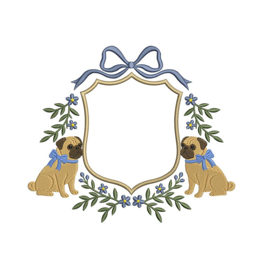 Pug Dog Crest Embroidery Design: Floral Frame (Digital Download)
