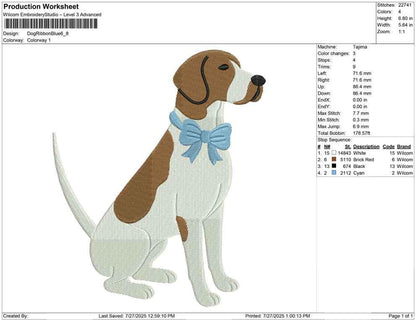Shorthaired Pointer Dog Embroidery Design: Blue Bow Pet Portrait (DST PES EXP File)