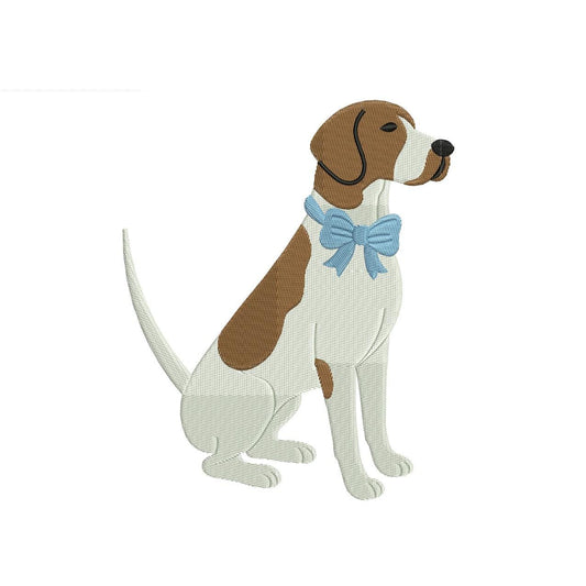 Shorthaired Pointer Dog Embroidery Design: Blue Bow Pet Portrait (DST PES EXP File)