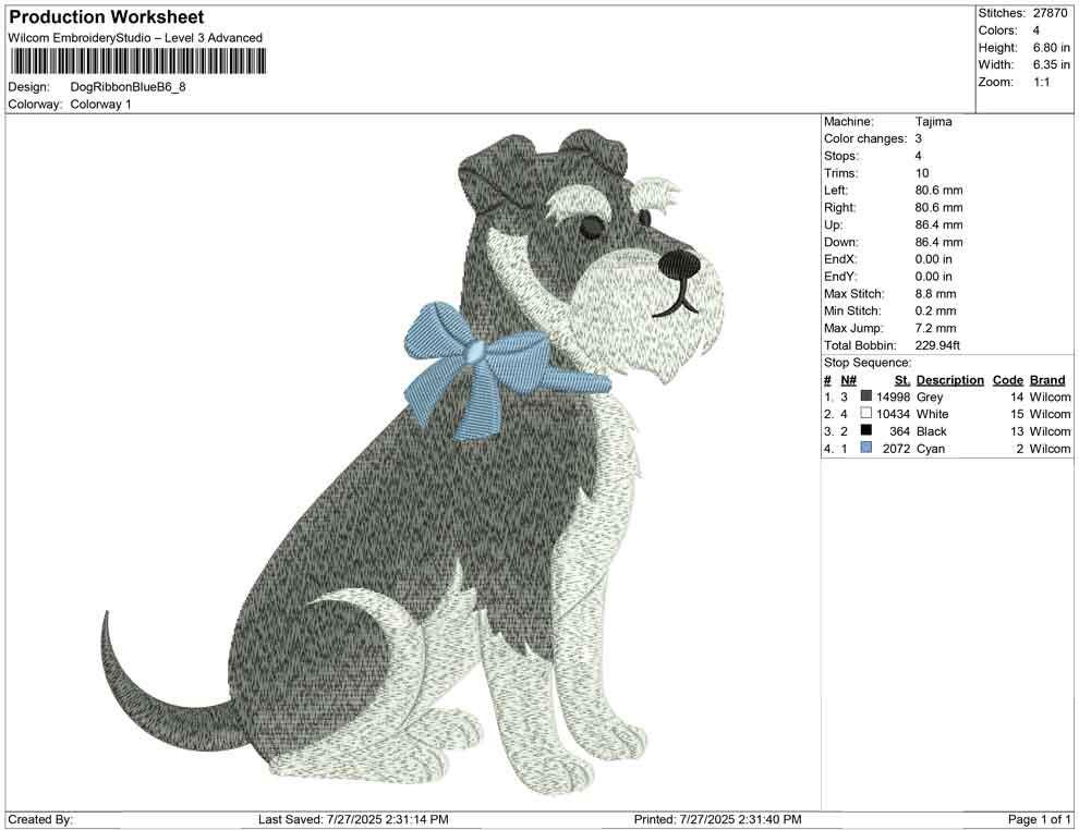 Schnauzer Dog Embroidery Design: Blue Bow Pet Portrait (DST, PES) Digital Download
