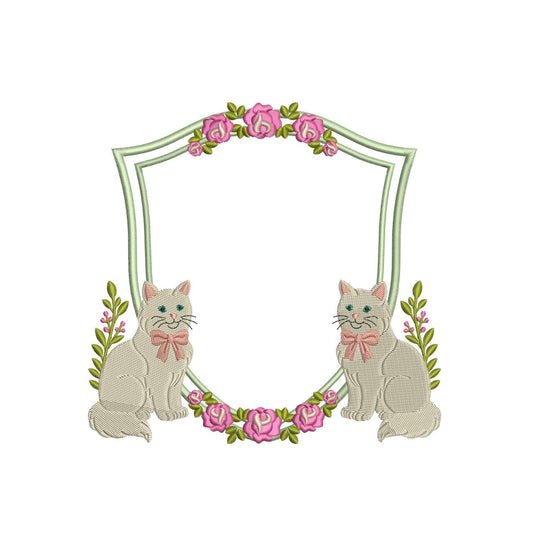 Cat Floral Frame Embroidery Design: Kitten Roses Crest (Digital Download)