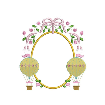 Hot Air Balloon Crest Frame Embroidery File Cute Hospital Door Hanger Machine Embroidery Frame DST Embroidery Crest PES Monogram Frame EXP