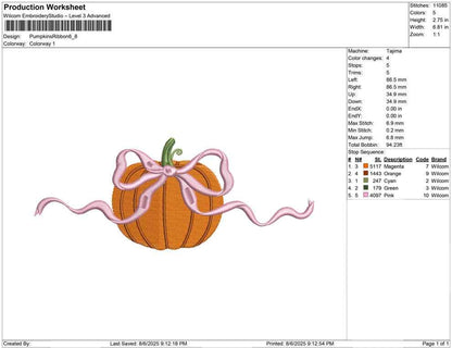 Fall Embroidery Designs: Pumpkin with Bow Embroidery Design Thanksgiving Embroidery Machine File (Digital Download
