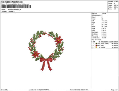 Christmas Wreath Embroidery Design: Ribbon & Poinsettia (Digital Download) (DST PES EXP File and more)