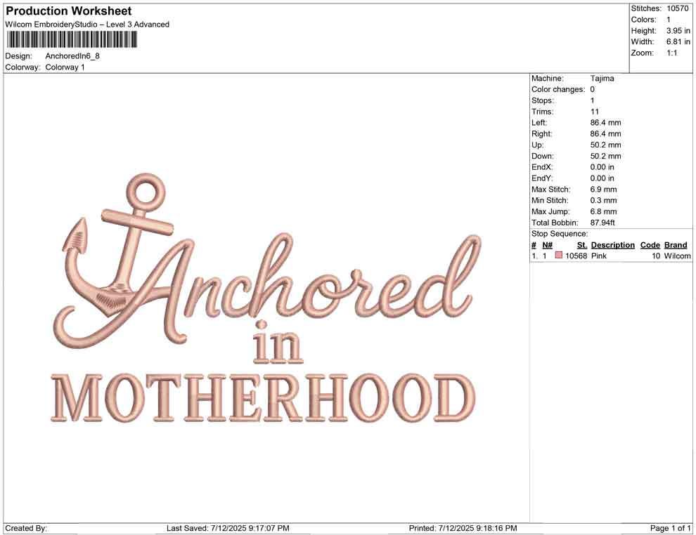 Nautical Anchor Embroidery Design: Anchored in Motherhood (PES DST EXP) (Digital Download)